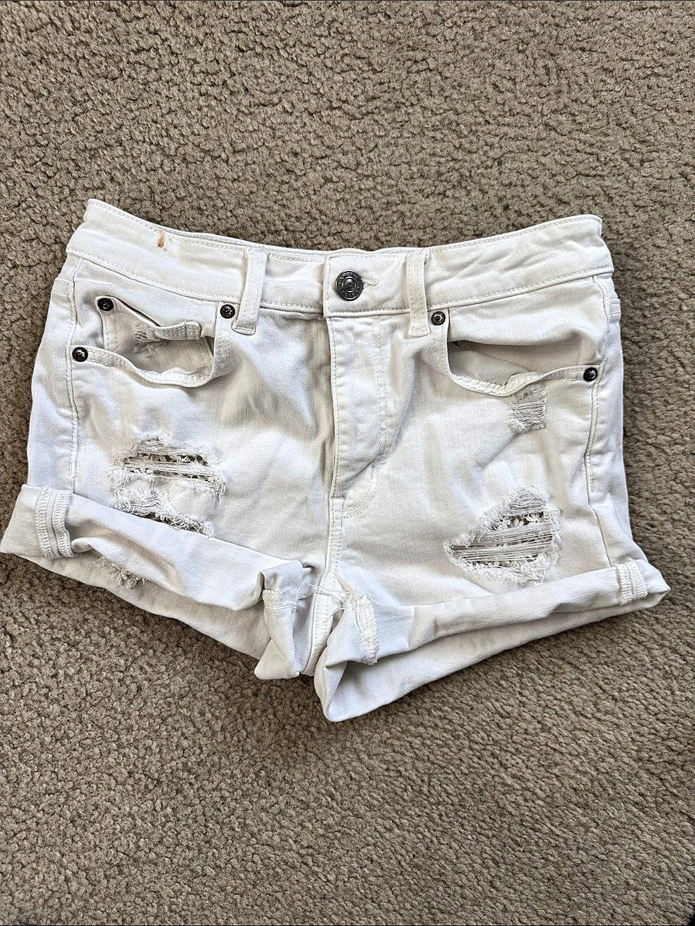American Eagle Hi-Rise Shortie Distressed White Jean Shorts Size 10